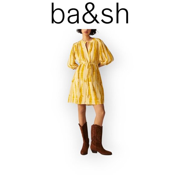 ba&sh Ochre Yellow Boho Viscose Crepe Mini Dress Size 2 EUC wedding guest dress - Picture 1 of 15
